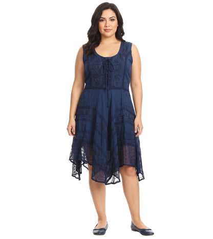 Sakkas Sundara Stonewashed Rayon Embroidered Mid Length Dress