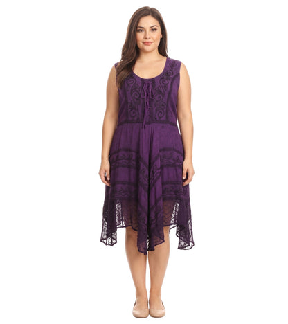 Sakkas Sundara Stonewashed Rayon Embroidered Mid Length Dress