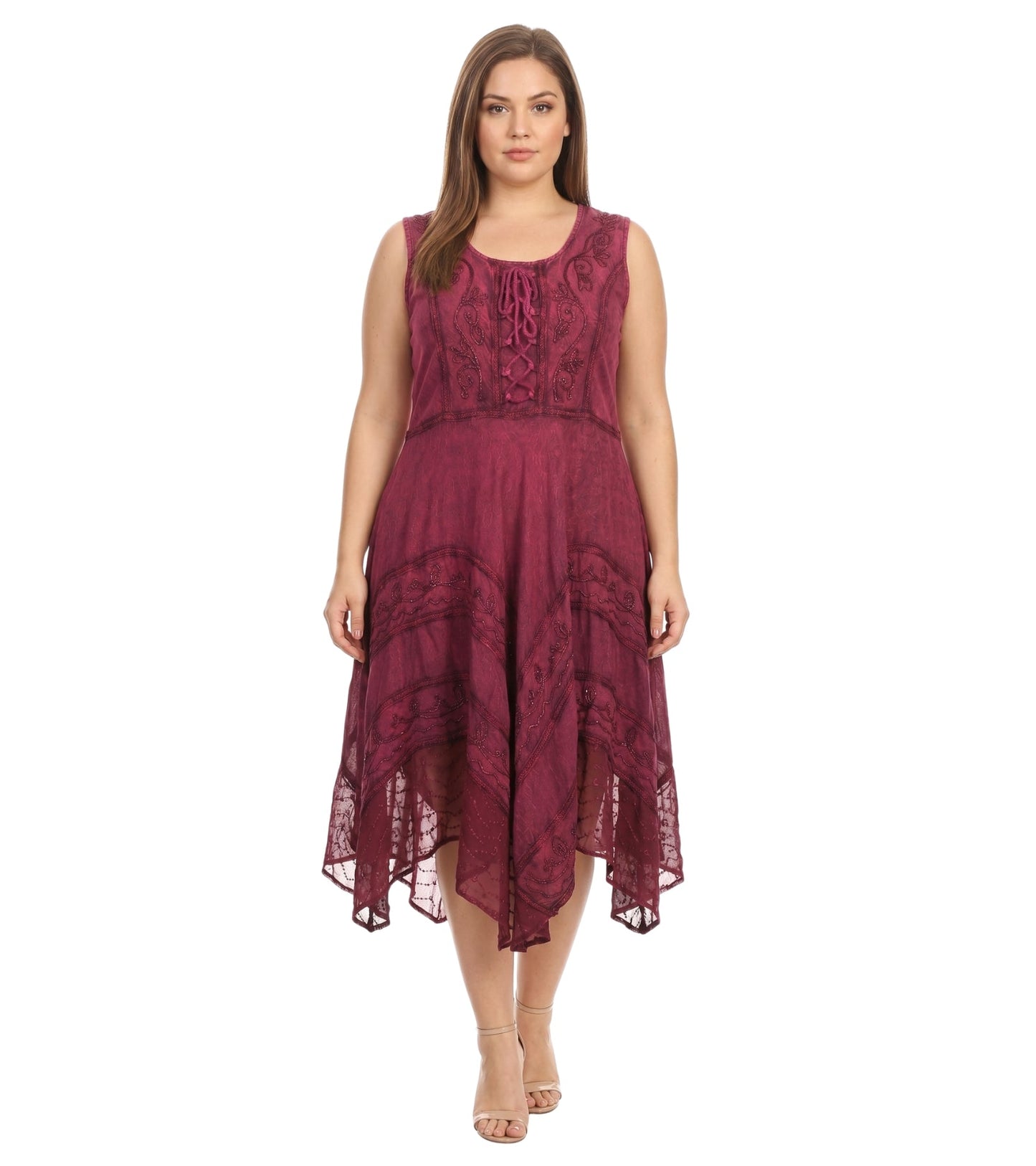 Sakkas Sundara Stonewashed Rayon Embroidered Mid Length Dress