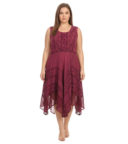 Sakkas Sundara Stonewashed Rayon Embroidered Mid Length Dress
