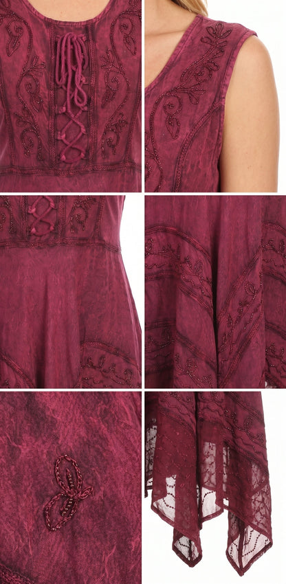 Sakkas Sundara Stonewashed Rayon Embroidered Mid Length Dress