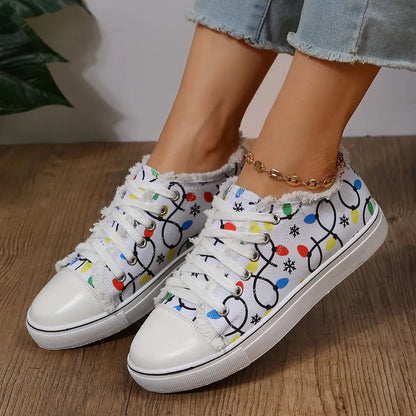 Raw Hem Printed Round Toe Sneakers – Canvas Flat Casual