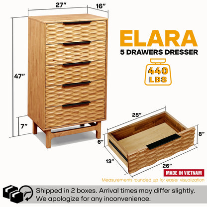 Elara Solid Wood Dresser with 5 Drawers