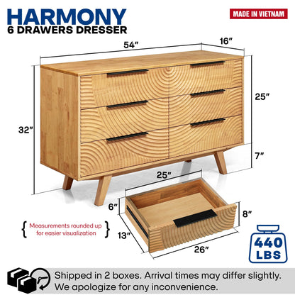 Harmony Solid Wood Dresser with 6 Drawers