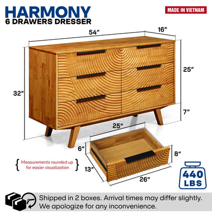 Harmony Solid Wood Dresser with 6 Drawers