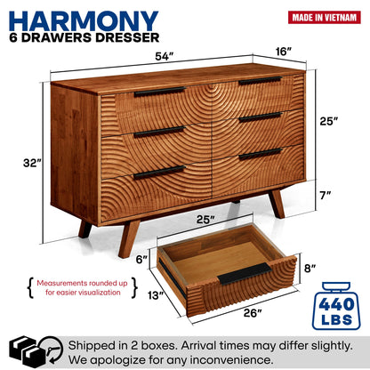 Harmony Solid Wood Dresser with 6 Drawers