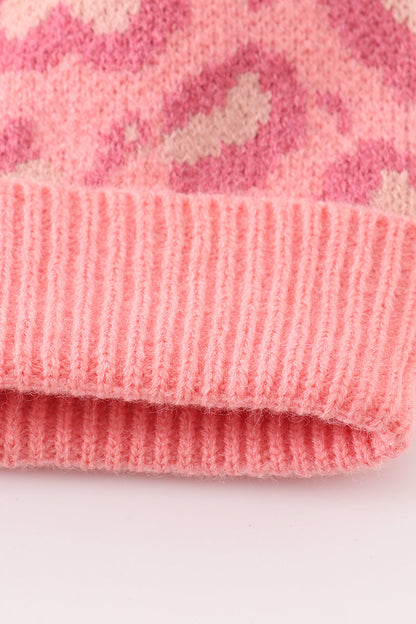 Pink pompom leopard cable beanie hat