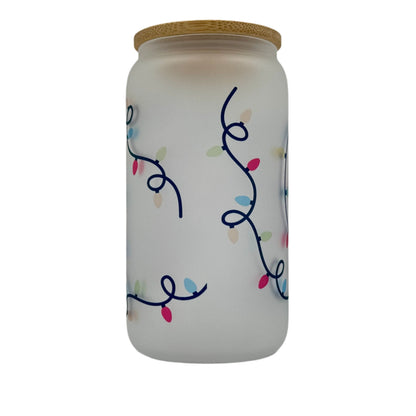 16oz Christmas Lights Xmas Glass Can Tumbler With Straw, rubber bottom & Bamboo Lid