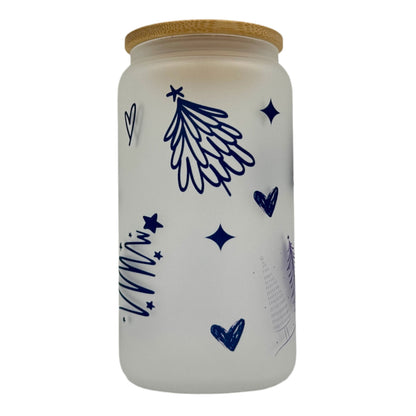 16oz Christmas Tree Xmas Glass Can Tumbler With Straw, rubber bottom & Bamboo Lid