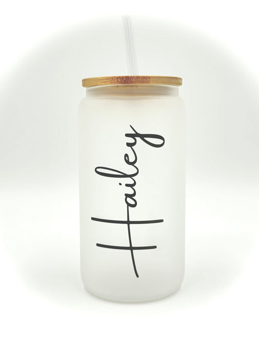 Personalized Name 16oz Sublimation Printed Glass Can Tumbler With Straw & Bamboo Lid