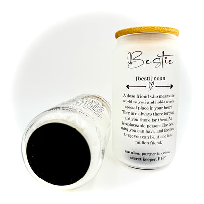 Bestie Friendship Best Friend 16oz Sublimation Printed Glass Can Tumbler With Straw & Bamboo Lid