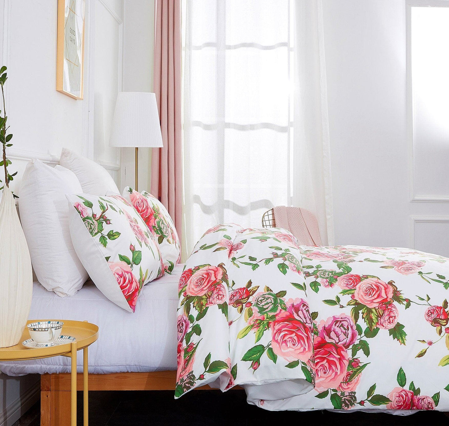 DaDa Bedding Romantic Roses Lovely Spring Pink Floral Duvet Cover Set w/ Pillow Cases (JHW-879)