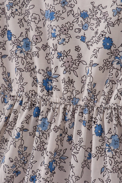 Blue vintage floral print tiered mom dress