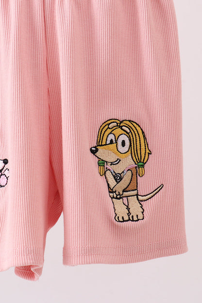 Pink character embroidery jumpsuit