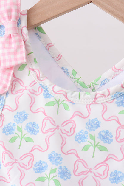 Pink hydrangea bow print 2pc swimsuit