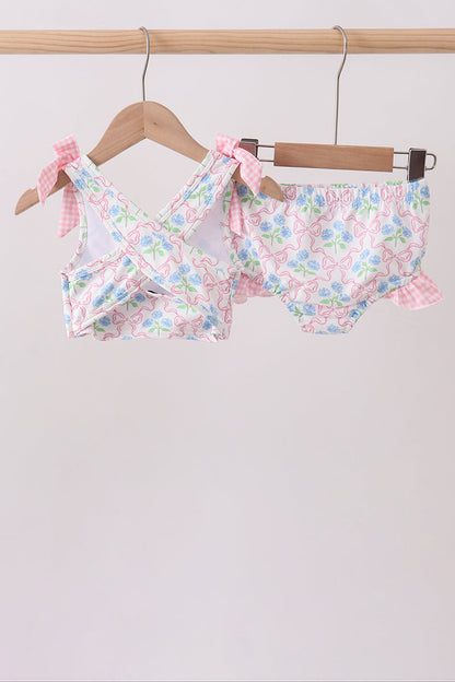 Pink hydrangea bow print 2pc swimsuit