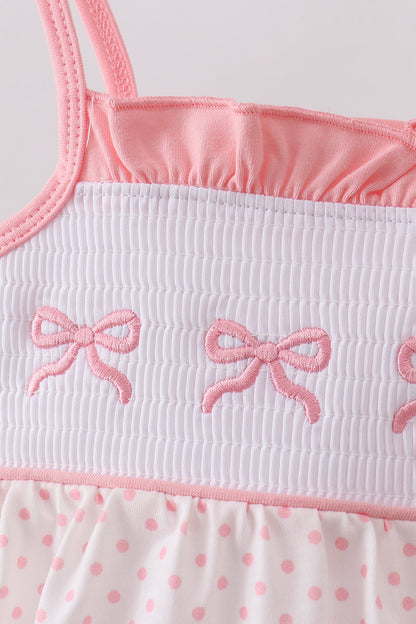 Pink bow smocked dot ruffle bubble