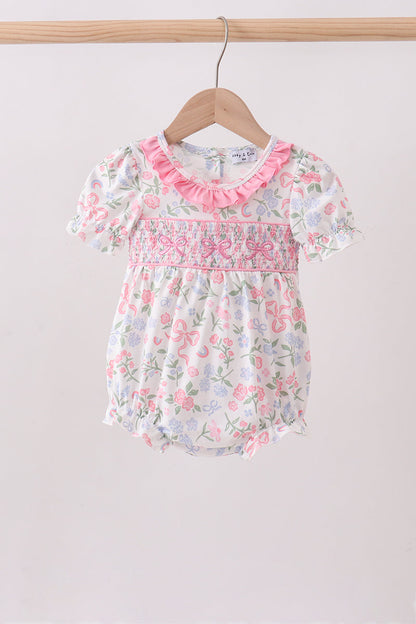 Pink floral bow smocked ruffle bubble