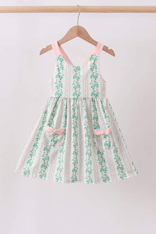 Green floral stripe pocket dress