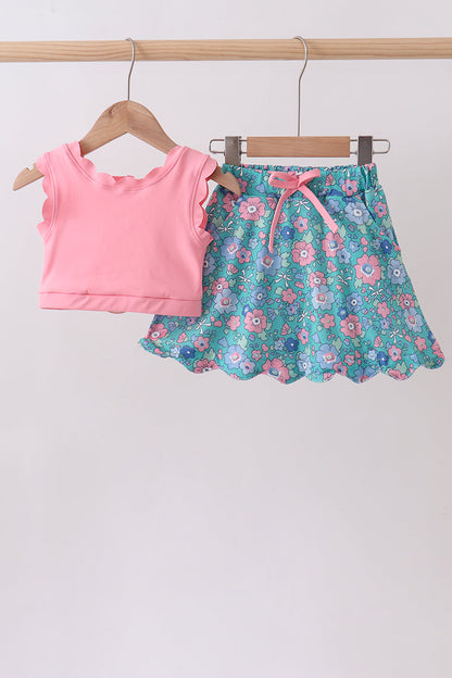 Pink&green floral bow skorts set