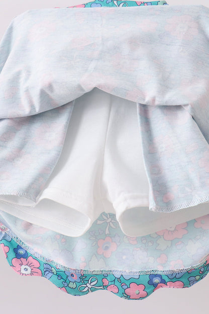 Pink&green floral bow skorts set