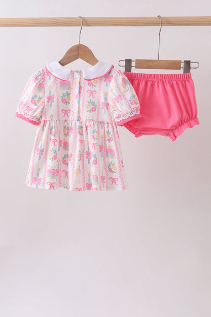 Pink birthday cake smocked bloomer set