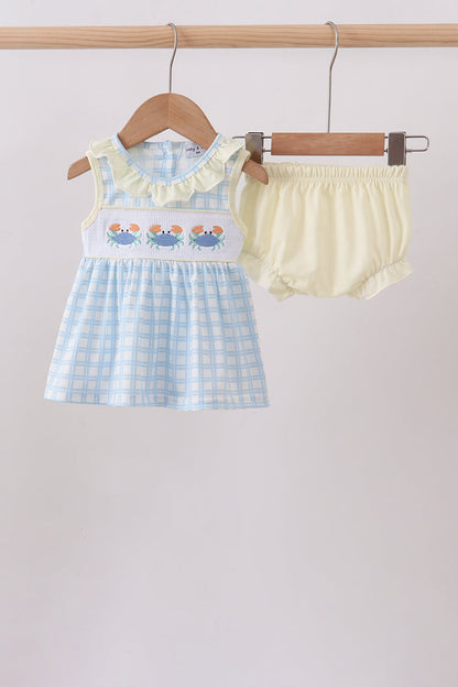 Yellow crab smocked gingham bloomer set