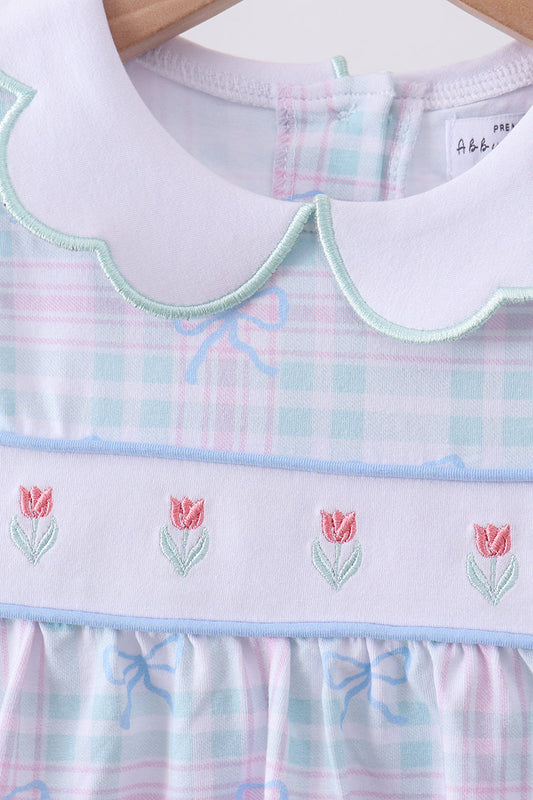 Blue plaid bow floral pants set
