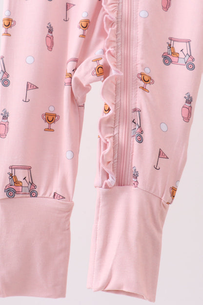 Pink golf cart print bamboo romper