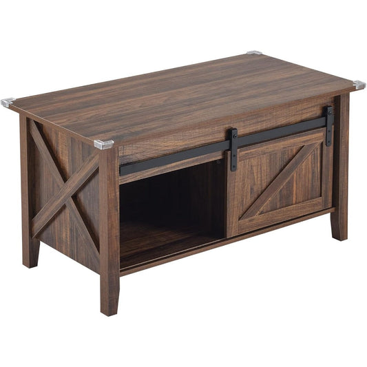 Lift Top Coffee Table 36" Farmhouse Rustic Wood Hidden Storage & Sliding Barn