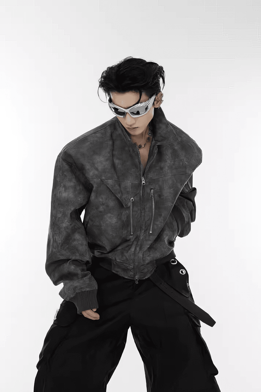 Men’s Trendy Polka Dot Gradient Pink Bomber Jacket with Shoulder Pads & Zipper Details