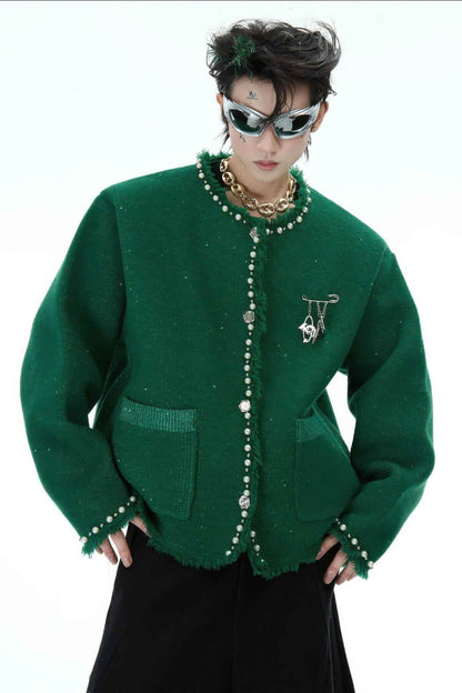 Minimalist Pearl-Decorated Knitted Sweater Jacket with Brooch Accent
