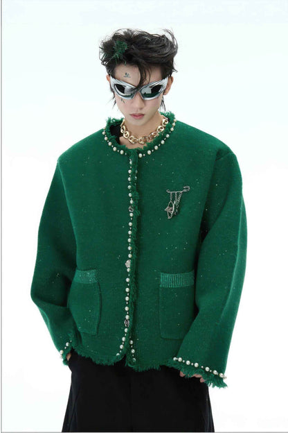 Minimalist Pearl-Decorated Knitted Sweater Jacket with Brooch Accent