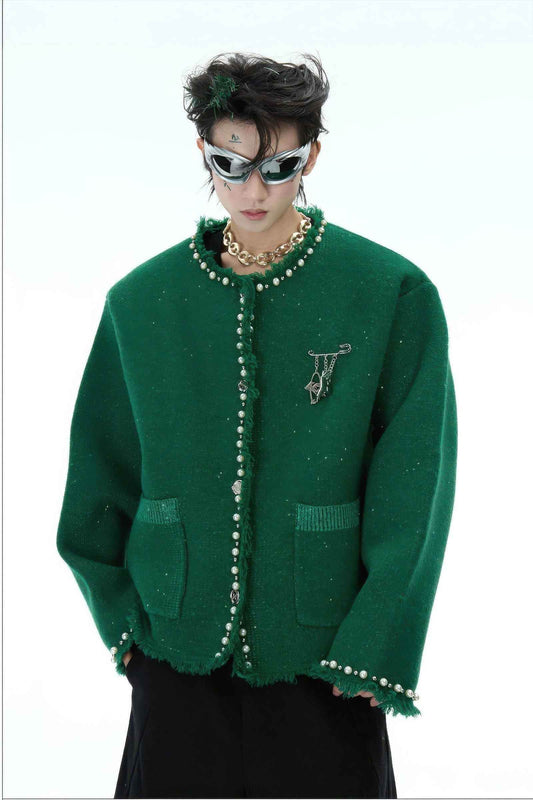 Minimalist Pearl-Decorated Knitted Sweater Jacket with Brooch Accent