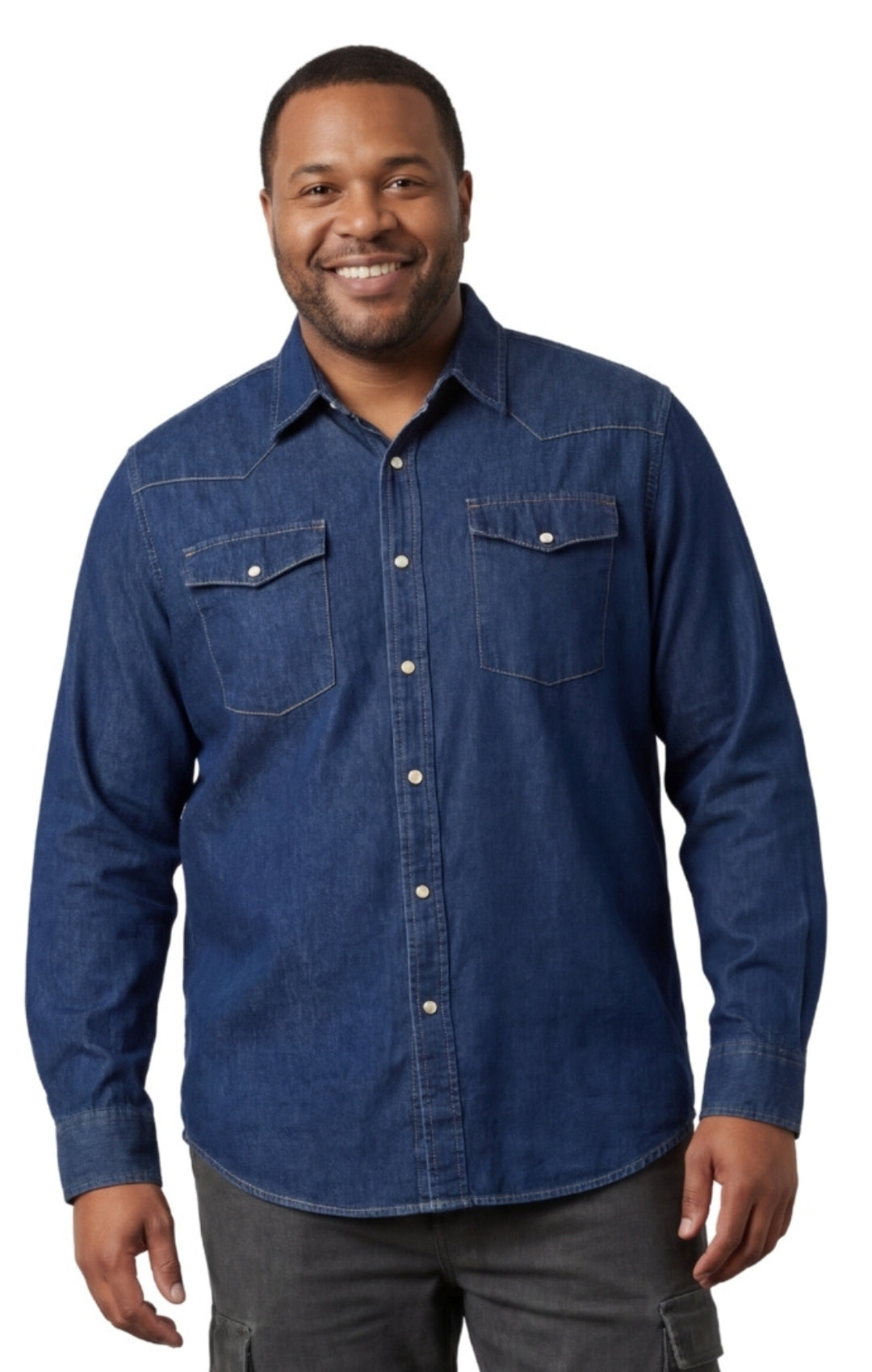 Mens Western Snap Front Button Shirt in Denim and Twill with a Stitched Yoke and Chest Pockets