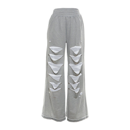 Fall Women Clothing Solid Color Personalized Ripped Sweatpants Sports Casual High Waist Wide Leg Pants Women