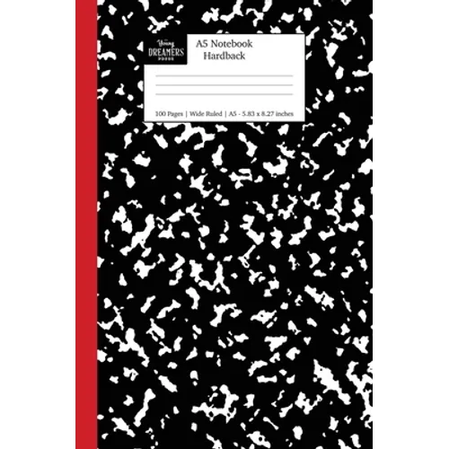 A5 Notebook Hardback: Black and Red Spine Marble Wide Rule Journal - Hardcover