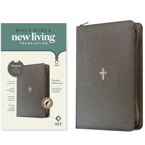 NLT Thinline Reference Zipper Bible, Filament Enabled (Leatherlike, Textured Cross Gray, Indexed, Red Letter) - Imitation Leather