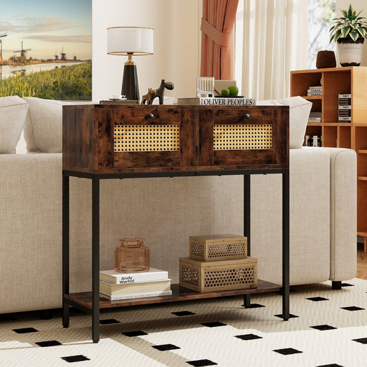 Rattan Console Table Boho Entryway Table with 2 Rattan Drawers and Open Storage Shelf