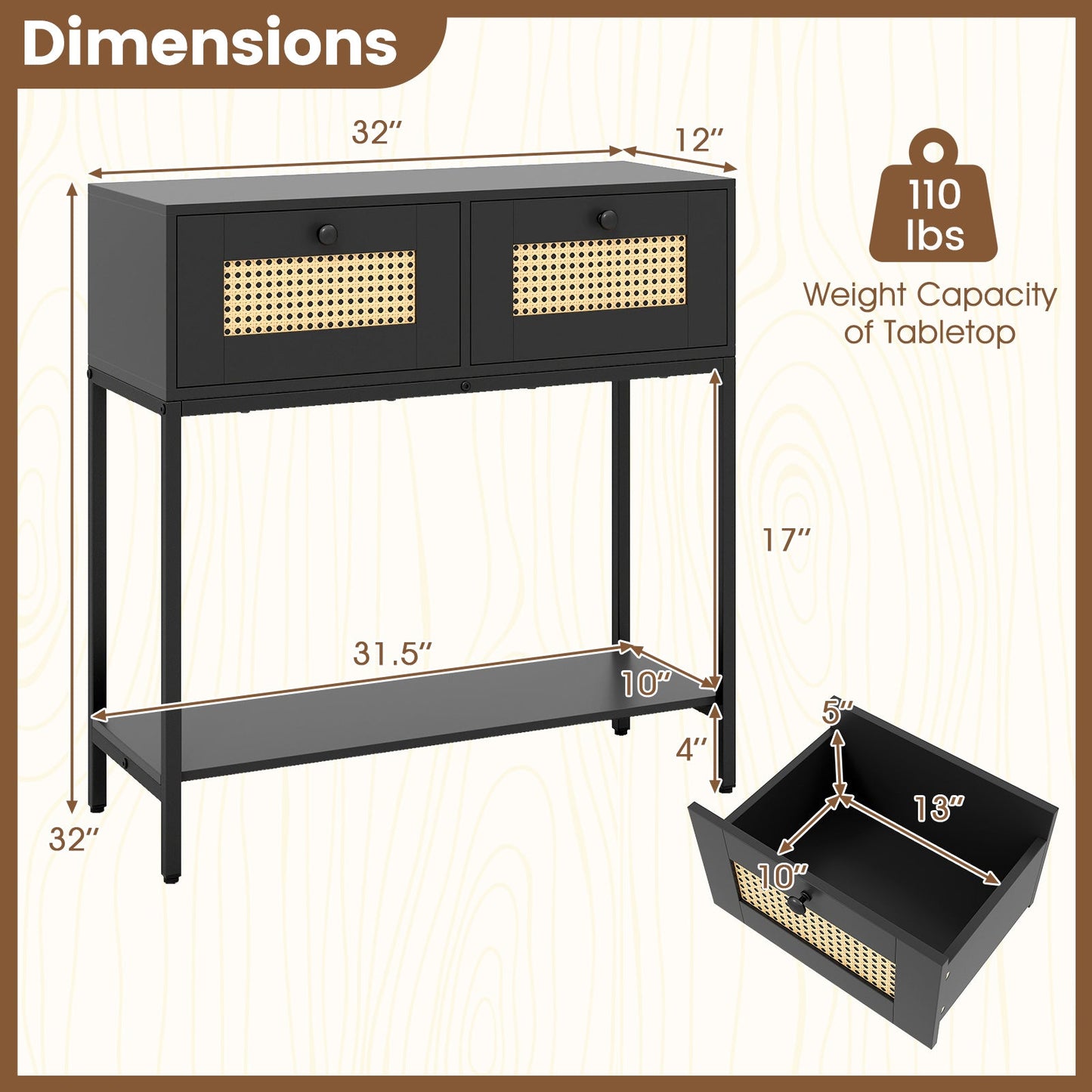 Rattan Console Table Boho Entryway Table with 2 Rattan Drawers and Open Storage Shelf