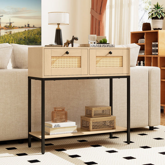 Rattan Console Table Boho Entryway Table with 2 Rattan Drawers and Open Storage Shelf