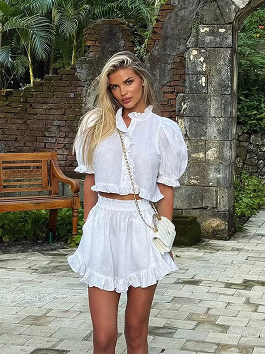 Women's Ruffled Linen-Blend Cropped Blouse & Shorts Set
