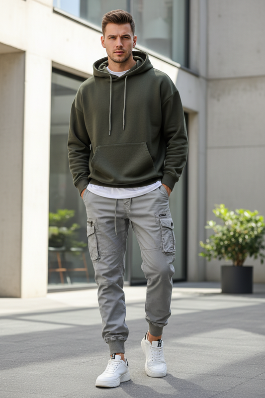 New Cotton Men’s Cargo Pants in Khaki, Black, Army, and Light Gray. Casual Tactical Joggers with Multi-Pockets for Fashion and Work Wear.