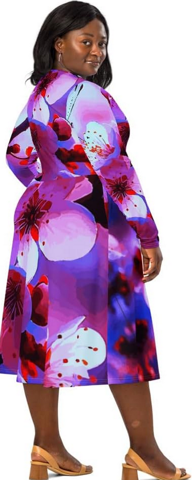 Beautiful Butterfly with Cherry Blossoms Printed Long Sleeve Midi Dress