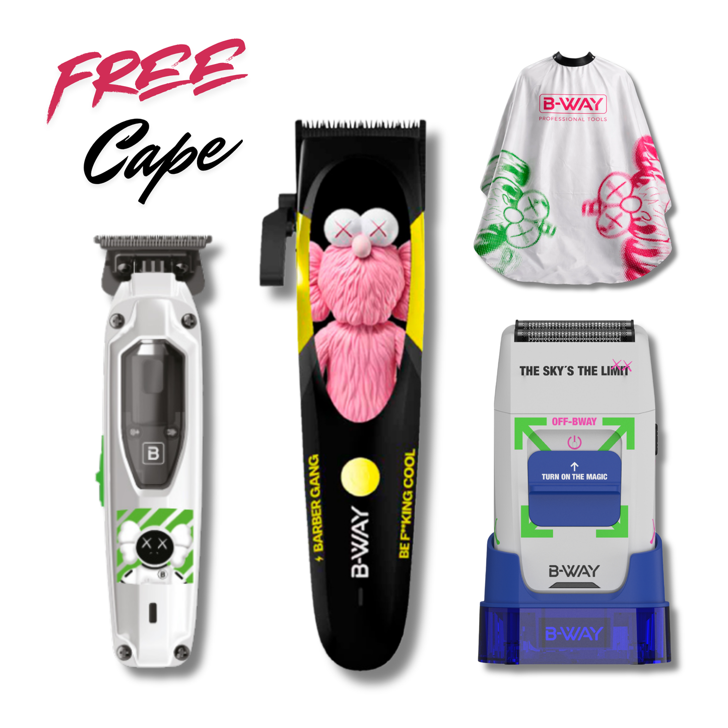B-Way B10K Professional Barber Kit | Clipper + T-Pro Trimmer + OFF Shaver | FREE Barber Cape