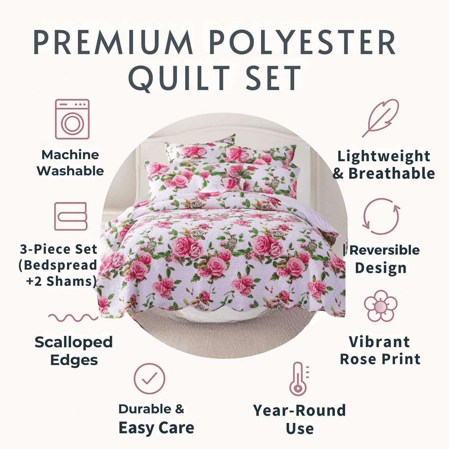 DaDa Bedding Pink Romantic Roses Floral Quilt Set