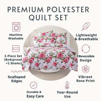 DaDa Bedding Pink Romantic Roses Floral Quilt Set