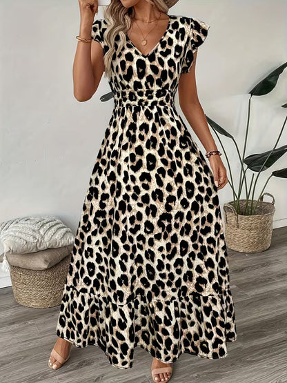 Women's V-Neck Floral Print A-Line Midi Dress – High Waist Sleeveless