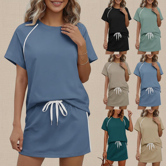 Women's Drawstring Short-Sleeve Top & Mini Skirt Set