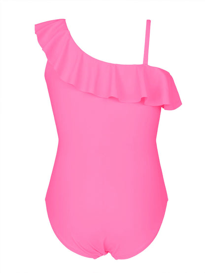 Cute Black Puppy Girls' Ruffled One-Piece Swimsuit (Front Printing)